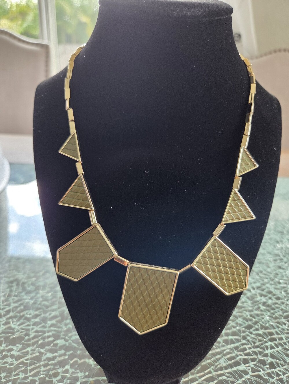 Gold‎ Geometric Statement Necklace With Green Texture Panels - Women Jewelry